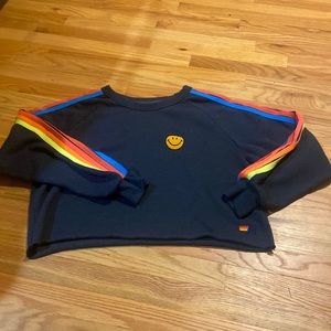 Aviator Nation Smiley Cropped Crew Sweatershirt - Charcoal/Neon Stripe